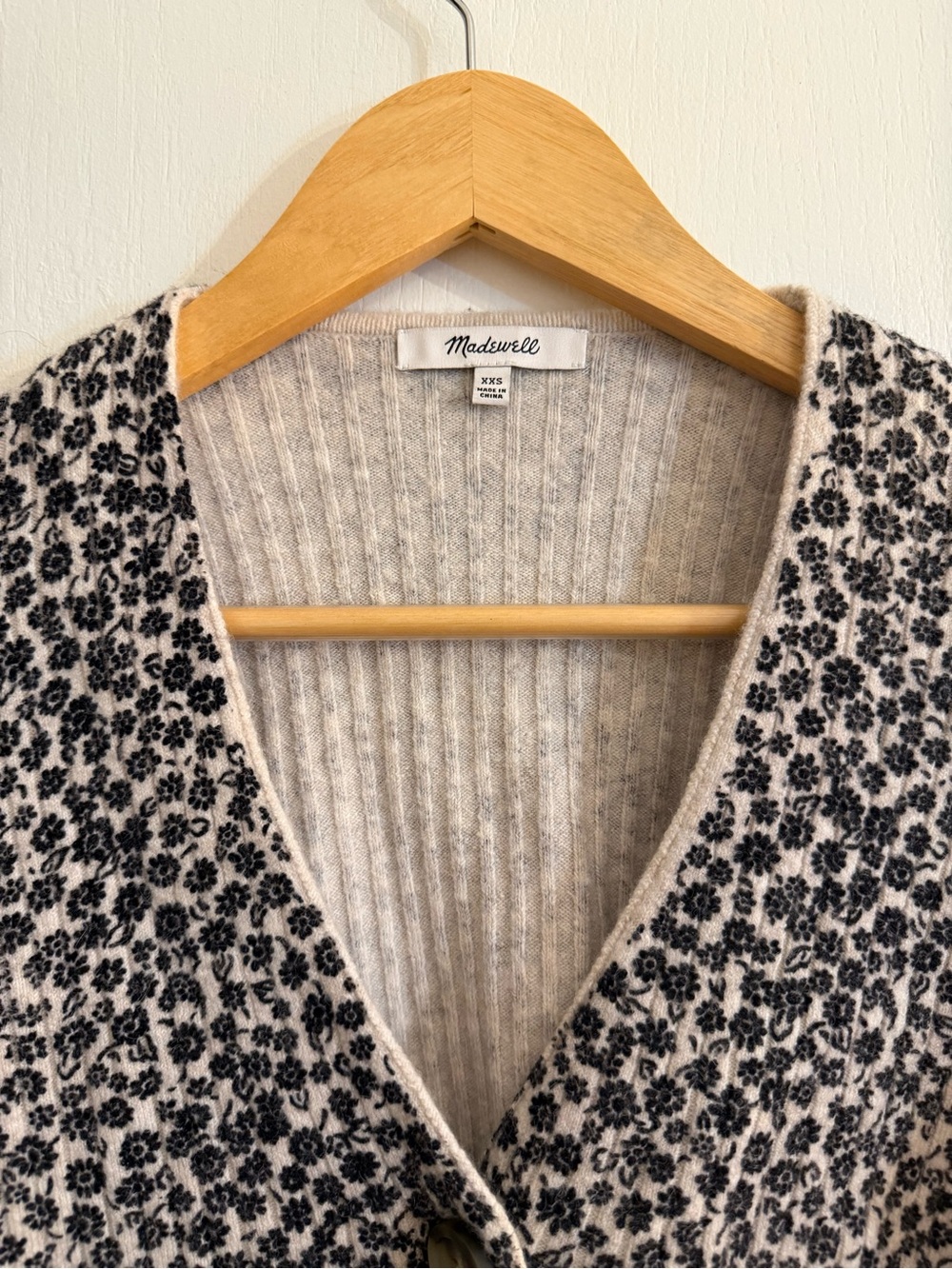 Madewell Cream and Black Floral V-Neck Cardigan
